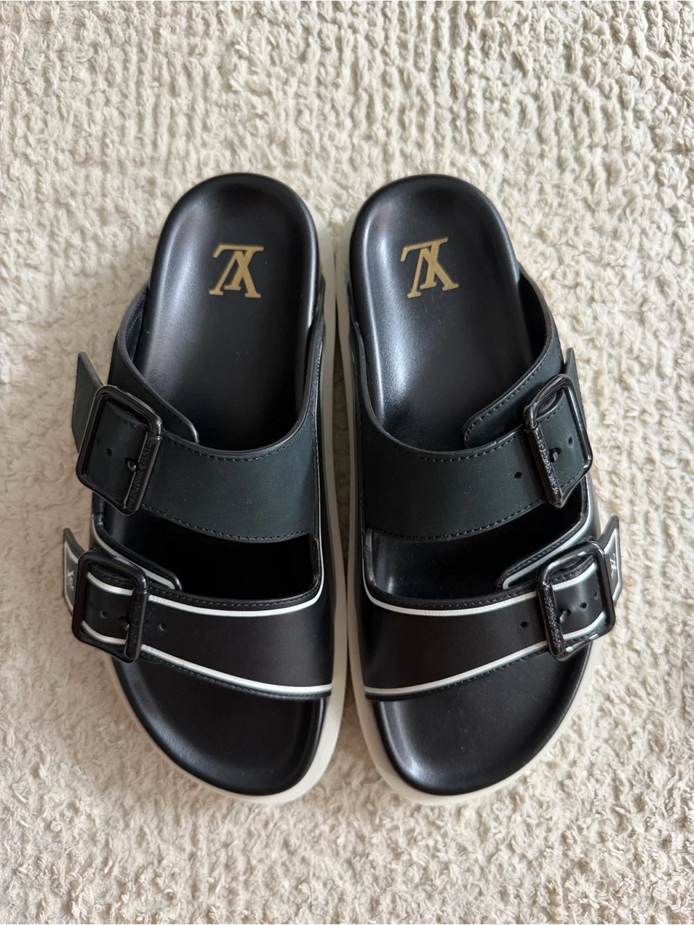 Louis Vuitton Black & White Buckle Slide Sandals